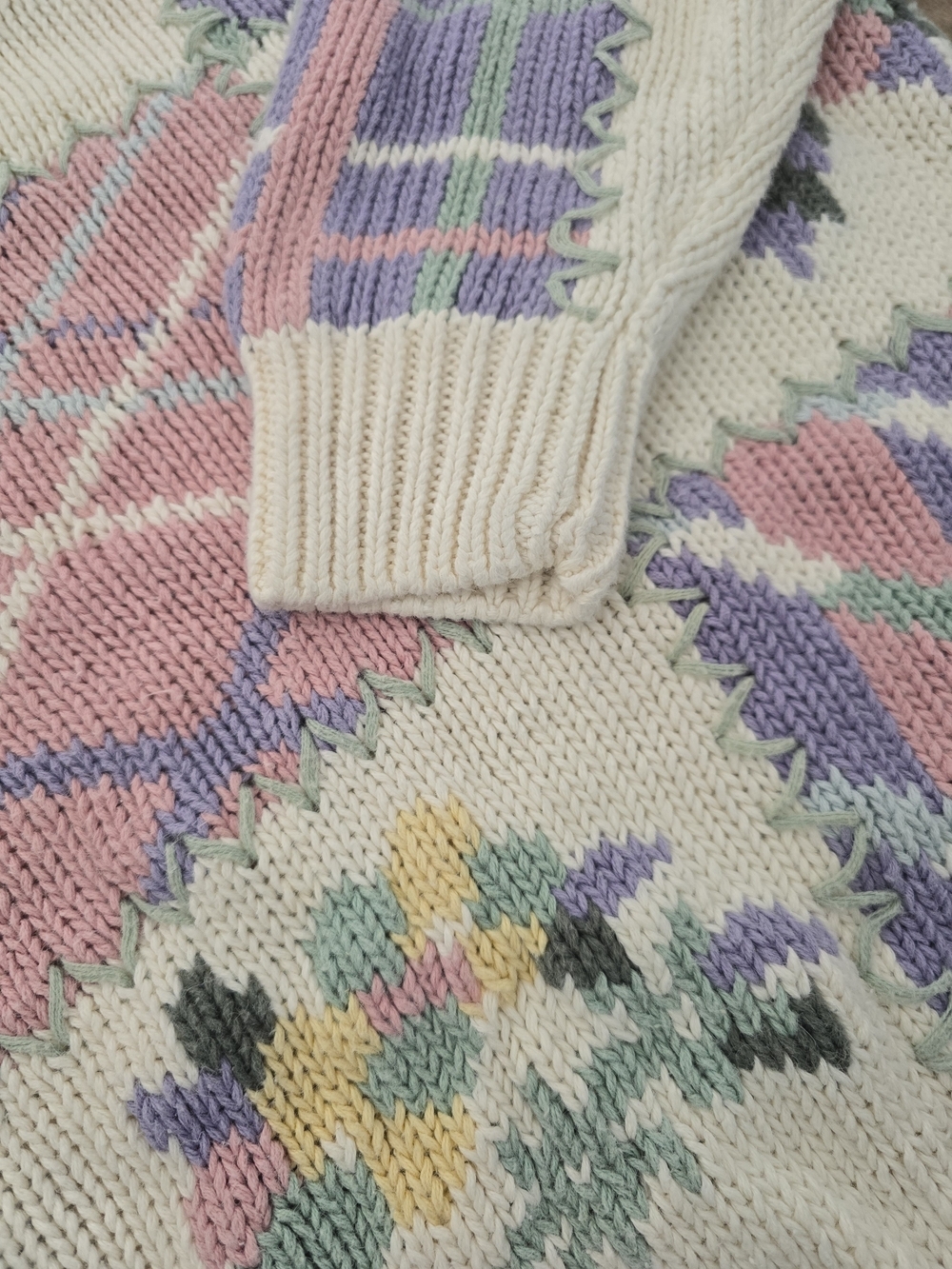 Vintage 90s Maggie Lawrence Patchwork Knit Sweater Pastel Floral Grannycore - Picture 8 of 16